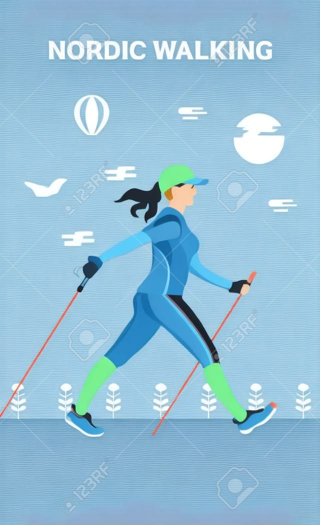 Векторная иллюстрация постер с Nordic Walking. Плоская иллюстрация спорта пеший туризм женщины.