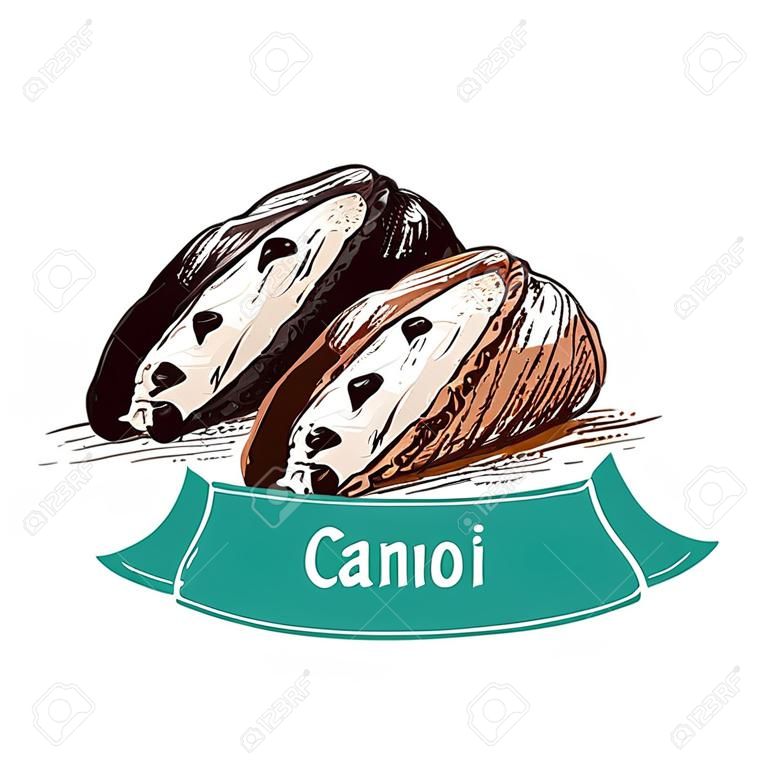 Cannoli ilustración colorida. Ilustración vectorial de la cocina italiana.