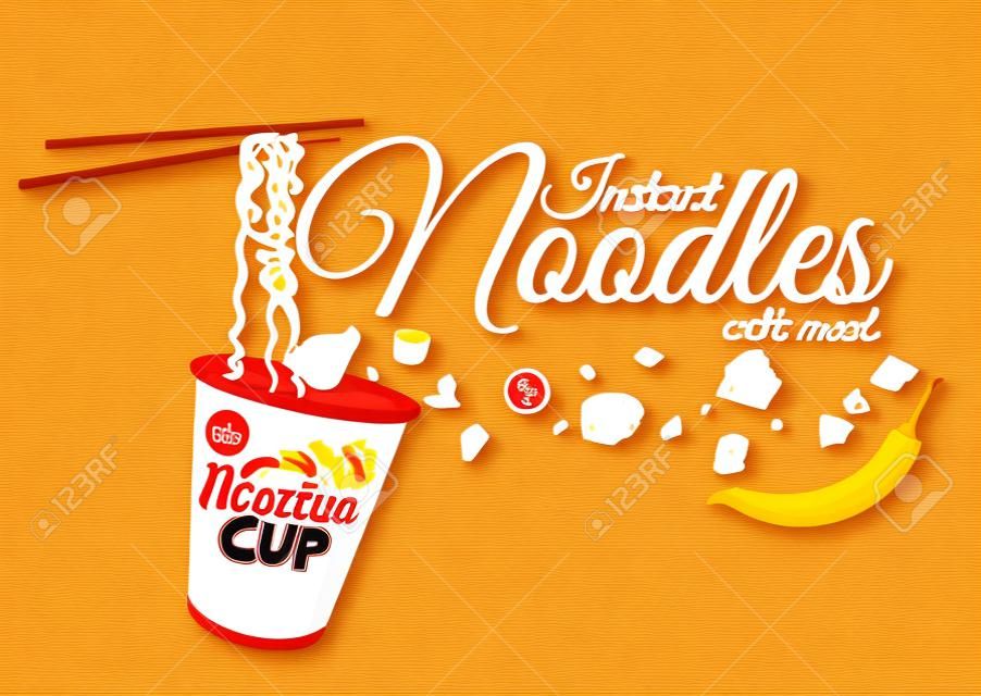 Instant cup noodles with meat, paper hand lettering calligraphy. Vector realistic illustration with food and objects of text.