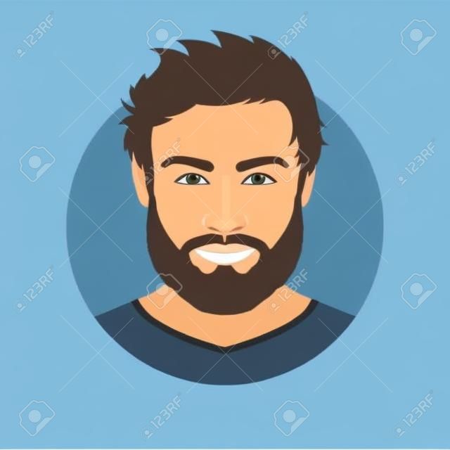 Icono de avatar masculino o retrato. Cara de joven guapo con barba. Ilustración de vector.