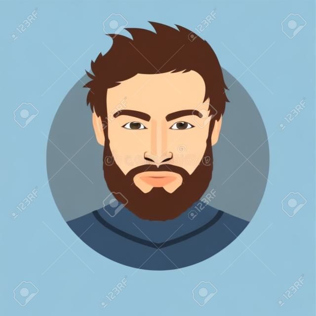 Icône ou portrait d'avatar masculin. Beau visage de jeune homme avec barbe. Illustration vectorielle.
