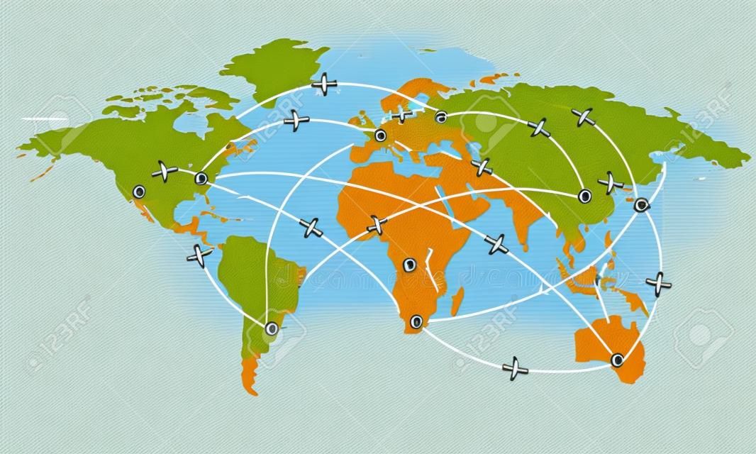 Passeport D'avion Avec Billet D'avion Carte Du Monde Avec Itinéraires De  Vol Et Marqueur D'épingles