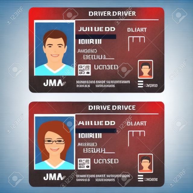 Patente di guida o carta d'identità con foto di uomo e donna. Modello di documento di identità. Illustrazione vettoriale.