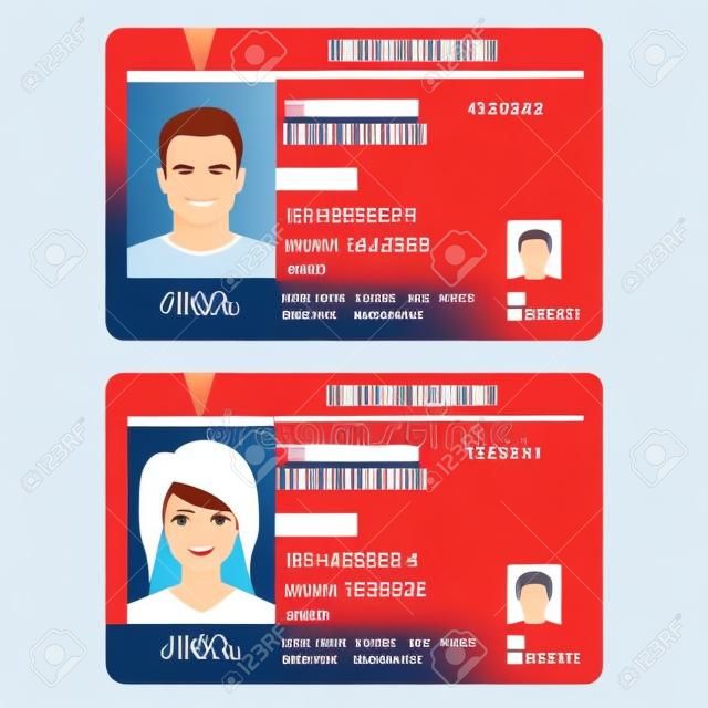Patente di guida o carta d'identità con foto di uomo e donna. Modello di documento di identità. Illustrazione vettoriale.