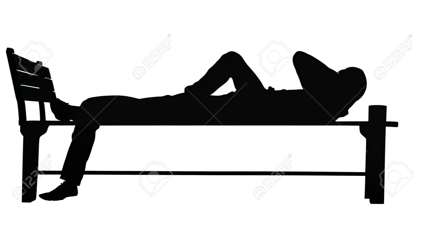 Young man deeply sleeping or drunk, laying outdoors on a wooden park bench, vector silhouette illustration isolated on white background. Asleep or drunk young man, outdoors on a park bench.