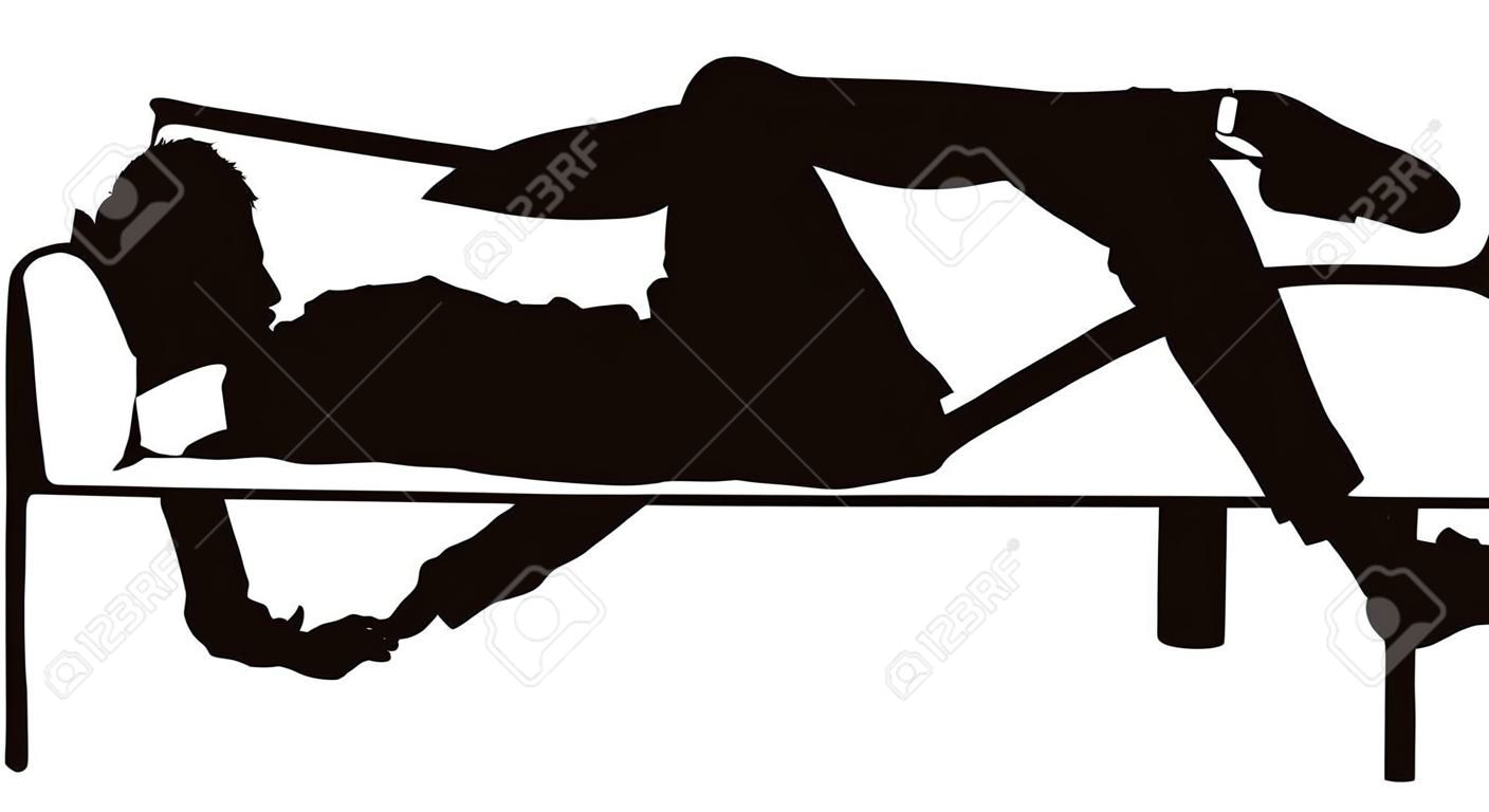 Young man deeply sleeping or drunk, laying outdoors on a wooden park bench, vector silhouette illustration isolated on white background. Asleep or drunk young man, outdoors on a park bench.