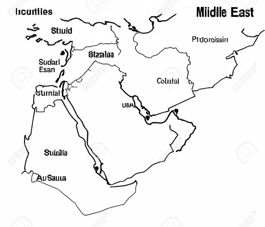 Bearbeitbare leere Vektorkarte des Nahen Ostens, auf Hintergrund isoliert, hoch detailliert. Übersichtskarte, Silhouettendarstellung. Sammlungsillustration der Länder des Nahen Ostens. Asien-Ikone der Staaten des Nahen Ostens.
