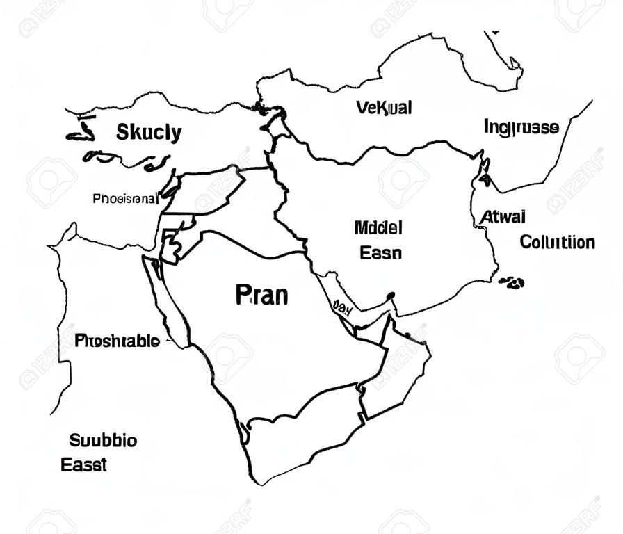Bearbeitbare leere Vektorkarte des Nahen Ostens, auf Hintergrund isoliert, hoch detailliert. Übersichtskarte, Silhouettendarstellung. Sammlungsillustration der Länder des Nahen Ostens. Asien-Ikone der Staaten des Nahen Ostens.