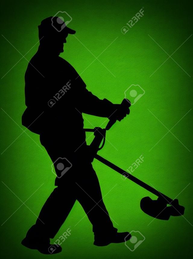Grass trimmer worker vector silhouette illustration. Garden work. Grass Cutting Lawn Trimmer.