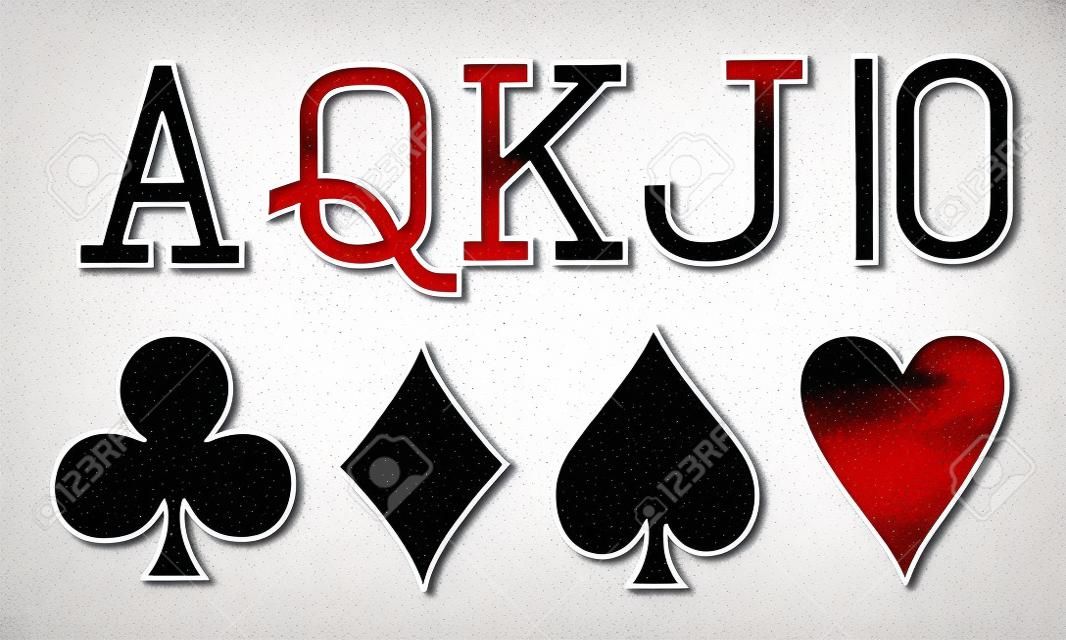Conjunto de símbolos de cartas de jogo vector no fundo branco. Spade, coração, clube, diamante, ás, rainha, rei, jack. Símbolo do cartão de poker.