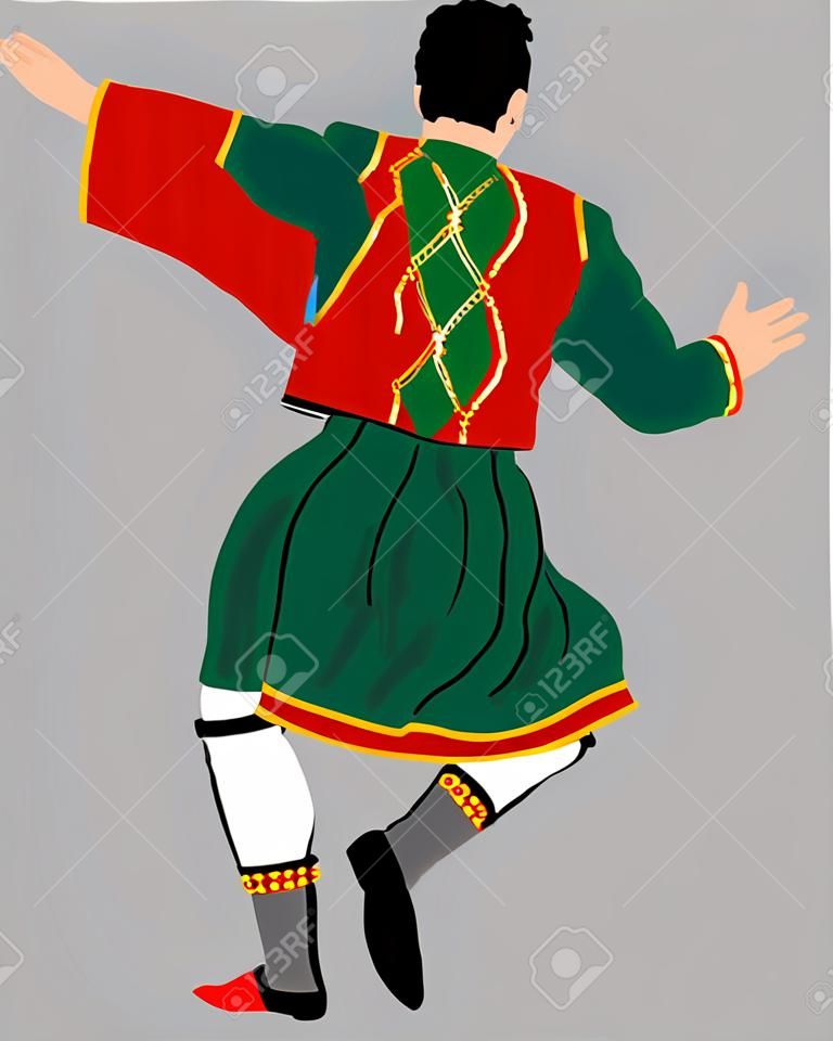 Danse de mariage traditionnelle du Monténégro Oro. Lecteur de musique des Balkans et illustration vectorielle de chanteur. Manifestation folklorique. Danseur marié.