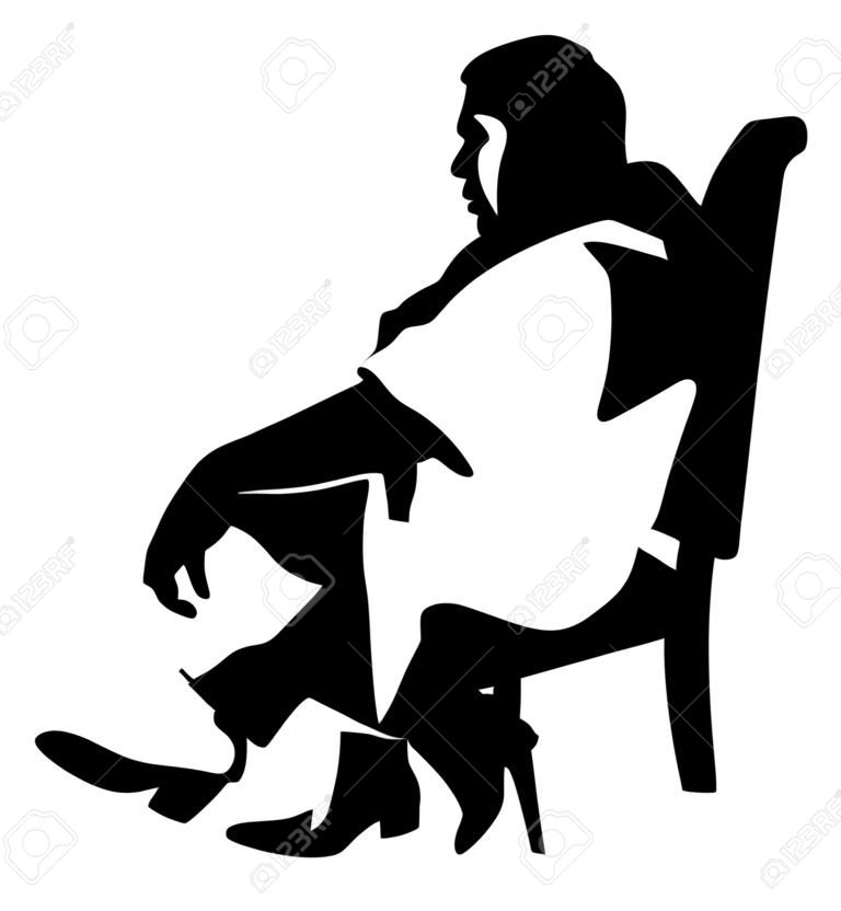 Confident leader, big mafia boss. Businessman sitting on work vector silhouette illustration. Manager on meeting. man in suite. Overweight person sitting and resting.