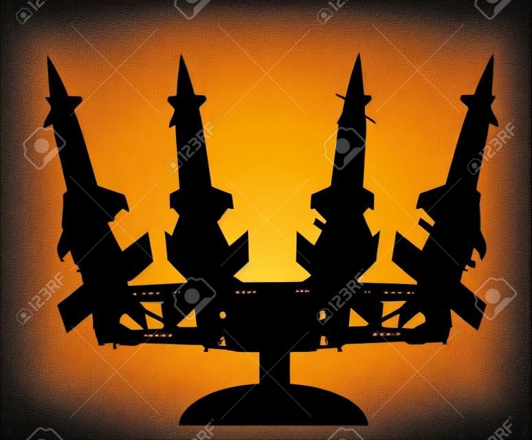 Artillery rocket launcher vector silhouette illustration. Rocket carrier platform with nuclear bomb. Nuclear test, war treat.  Bomb air projectile attack.  Powerful weapons. War destruction.