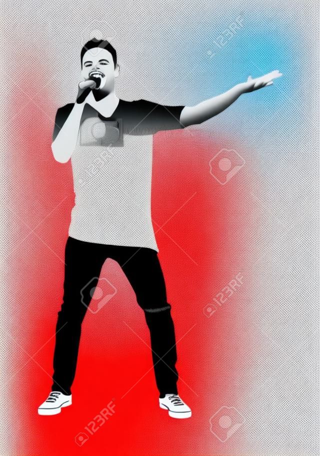 Popular singer super star vector illustration isolated on white background. Attractive music artist on the stage. Singer man artist against public on concert. Entertainment event. Microphone in hands.