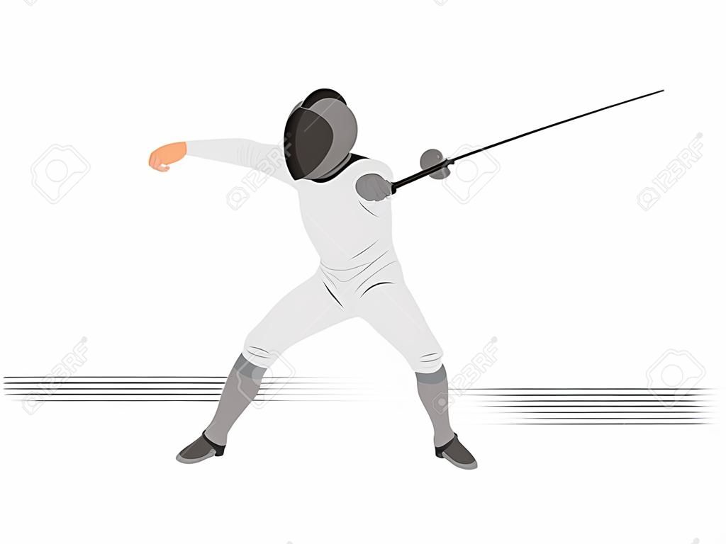 Ilustración de vector de retrato de jugador de esgrima aislado sobre fondo blanco. Evento de competición de esgrima. Pelea de espadas. Sombra negra de Swordplay. Juego de movimientos rápidos. Figura de arte de hombre atleta.