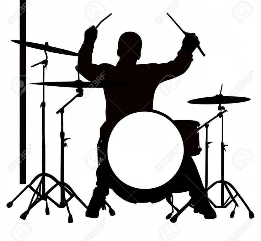Rock and roll drummer vector silhouette illustration isolated on white background. Musician play drums on stage. Super star music concert show. Great event for fan supporters. Drummer player shadow.