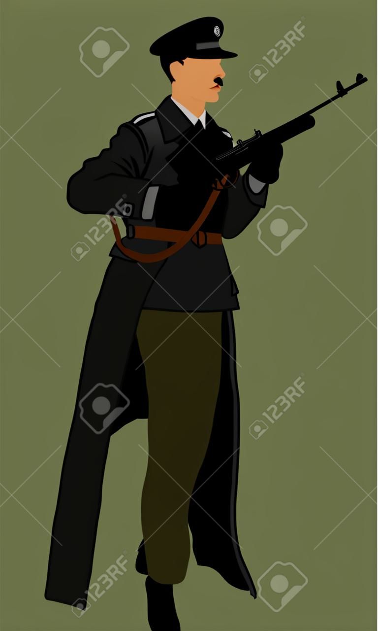 Germany soldier with rifle vector illustration. SS officer in battle. WW2 warrior in occupied Europe. Second world war.