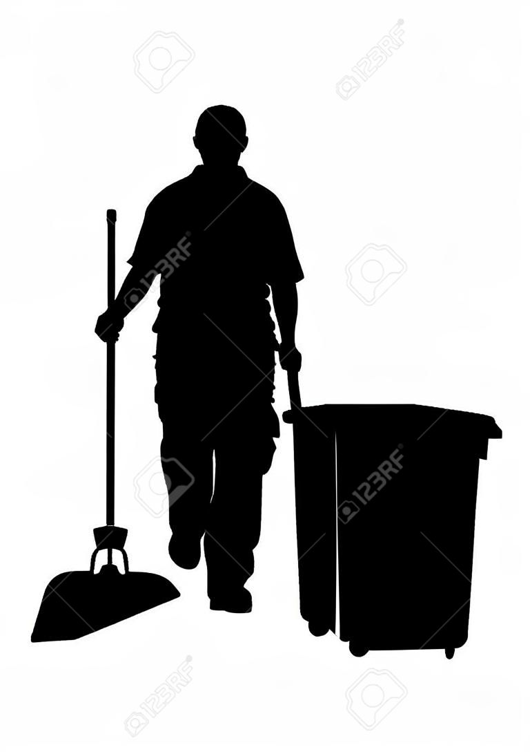 Floor care and cleaning services with washing mop in sterile factory or clean hospital. Cleaning man service vector silhouette illustration.  trash bin with worker cleaning the road background.