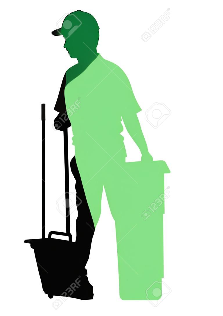 Floor care and cleaning services with washing mop in sterile factory or clean hospital. Cleaning man service vector silhouette illustration.  trash bin with worker cleaning the road background.