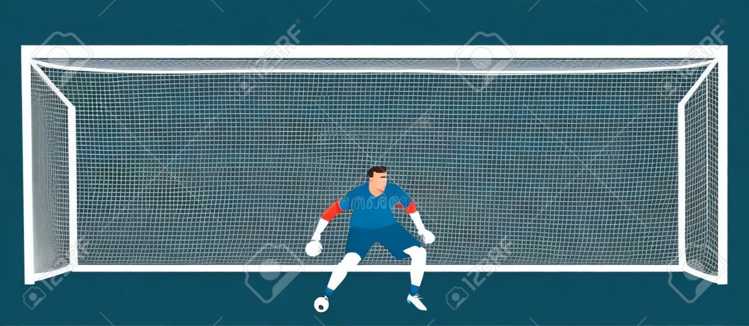 Soccer goalkeeper in front of goal net vector illustration. Football  goal keeper net isolated on white background. Defender sportsman position. Save penalty. Active sport boy. Man on goal.