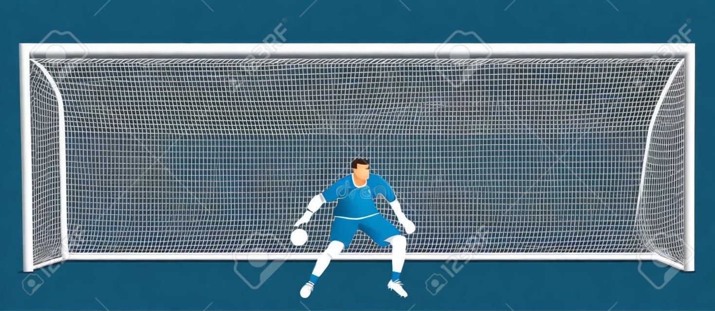 Soccer goalkeeper in front of goal net vector illustration. Football  goal keeper net isolated on white background. Defender sportsman position. Save penalty. Active sport boy. Man on goal.