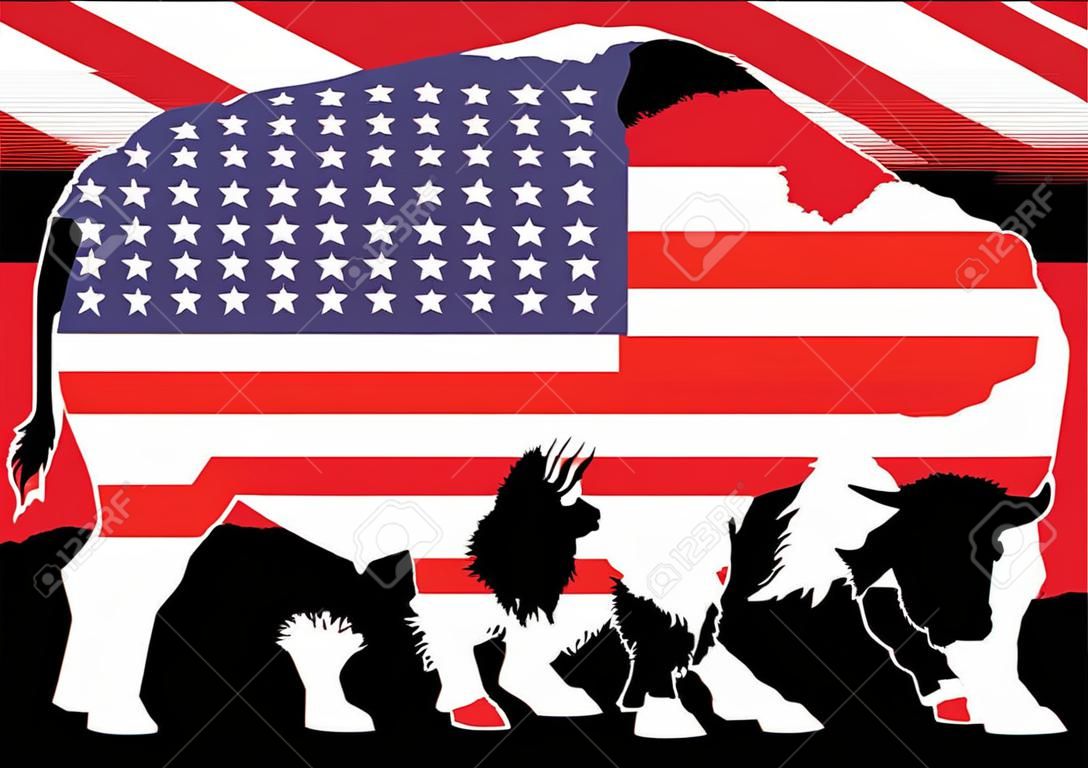 United States of America flag over bison vector isolated. USA flag over buffalo, national symbol, pride and power animal.