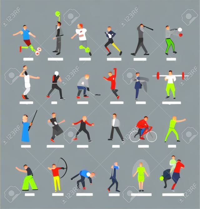 Sport man vector collection in different sport discipline. Big set active sport people illustration. Athlete skills. Health care concept. Training and work out in gym or outdoor.