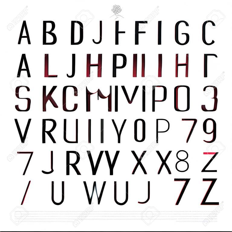 3 d 効果アルファベット文字と白い背景の数字を丸めます。ベクター フォント型デザイン。歪みのレタリングのアイコン。グリッチ本文組版様式化されました。立体イリュー ジョンのタイポグラフィのテンプレート