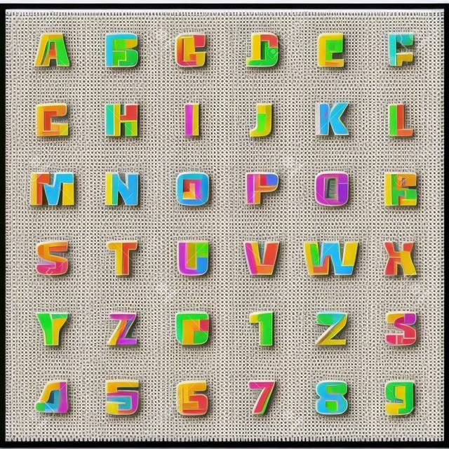 estilo mosaico de letras del alfabeto y números. diseño de tipo de letra. elementos del rompecabezas letras cómicas. colorido, composición geométrica. plantilla de niños tipo de letra