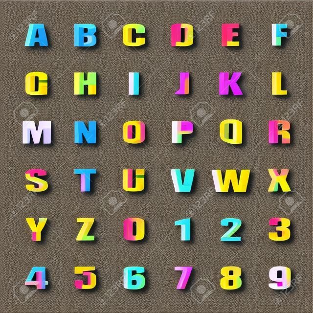 mosaic style alphabet letters and numbers.  font type design. comic lettering puzzle elements. colorful, geometric typesetting. kids typeface template