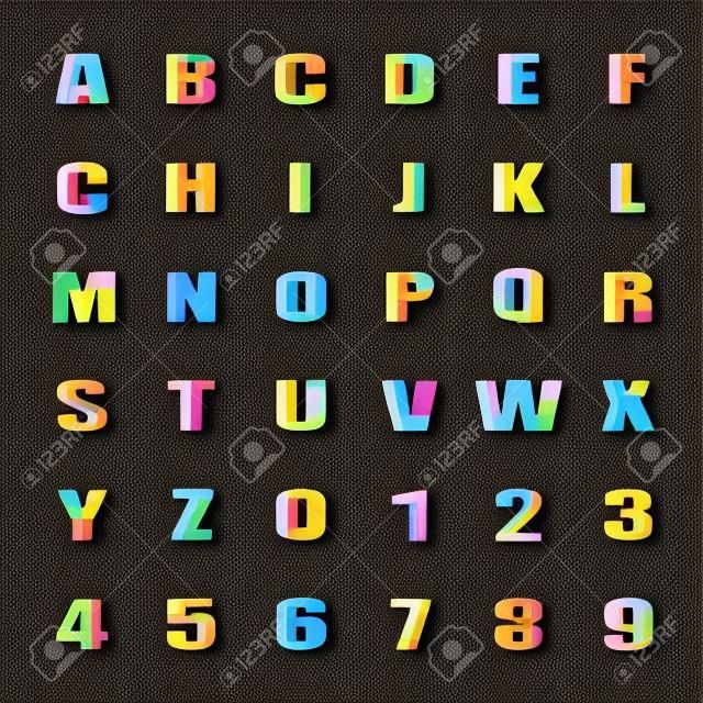 모자이크 스타일 알파벳 문자와 숫자. 글꼴 유형 디자인. 만화 문자 퍼즐 요소입니다. 다채로운 기하학적 조판. 아이 서체 템플릿