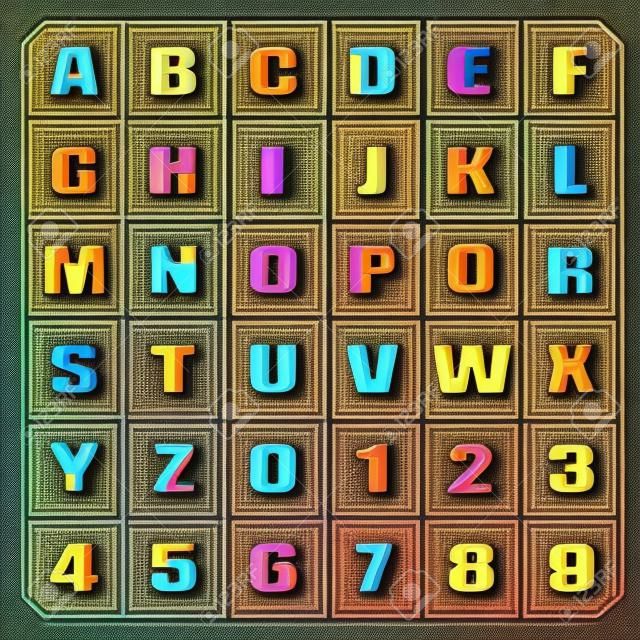 mosaic style alphabet letters and numbers.  font type design. comic lettering puzzle elements. colorful, geometric typesetting. kids typeface template