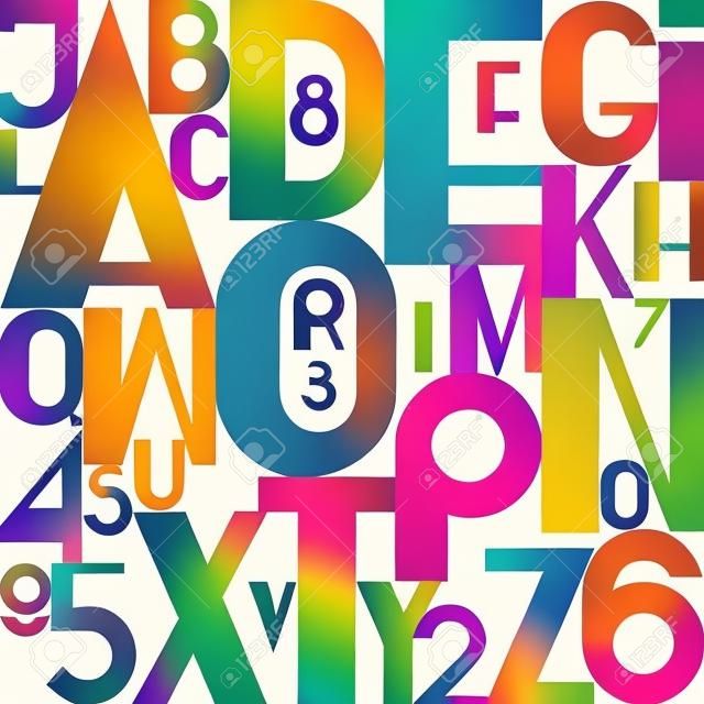 stylish alphabet letters and numbers. vector, bold font type. regular, accented typeface design. contemporary, colorful typesetting