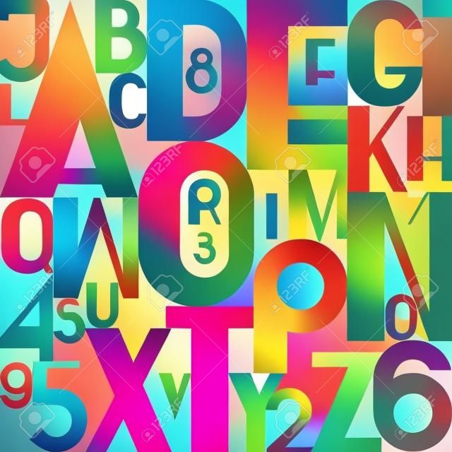 stylish alphabet letters and numbers. vector, bold font type. regular, accented typeface design. contemporary, colorful typesetting