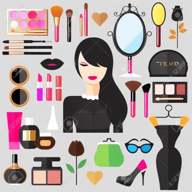 Beauty, Cosmetic And Makeup Vector Flat Icons Set . Beautiful