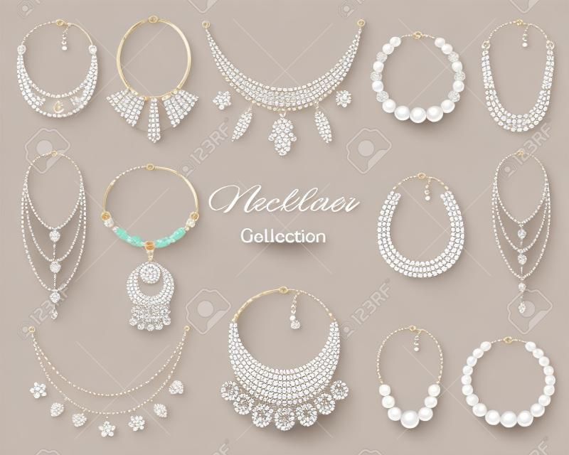 Womens fashionable necklace collection, isolated on whote background, vector illustration.