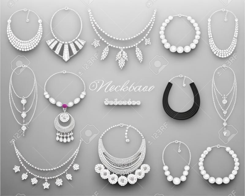 Collection de colliers à la mode pour femmes, isolée sur fond blanc, illustration vectorielle.