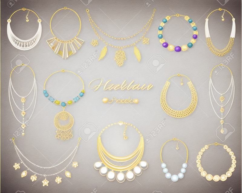 Womens fashionable necklace collection, isolated on whote background, vector illustration.