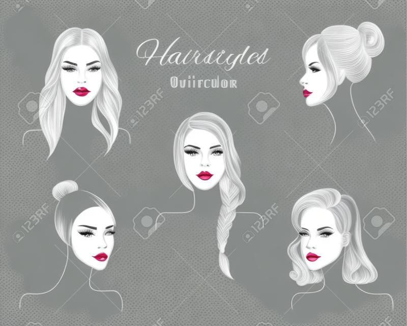 Beautiful young women with fashion trendy hairstyles. vector sketch illustration.