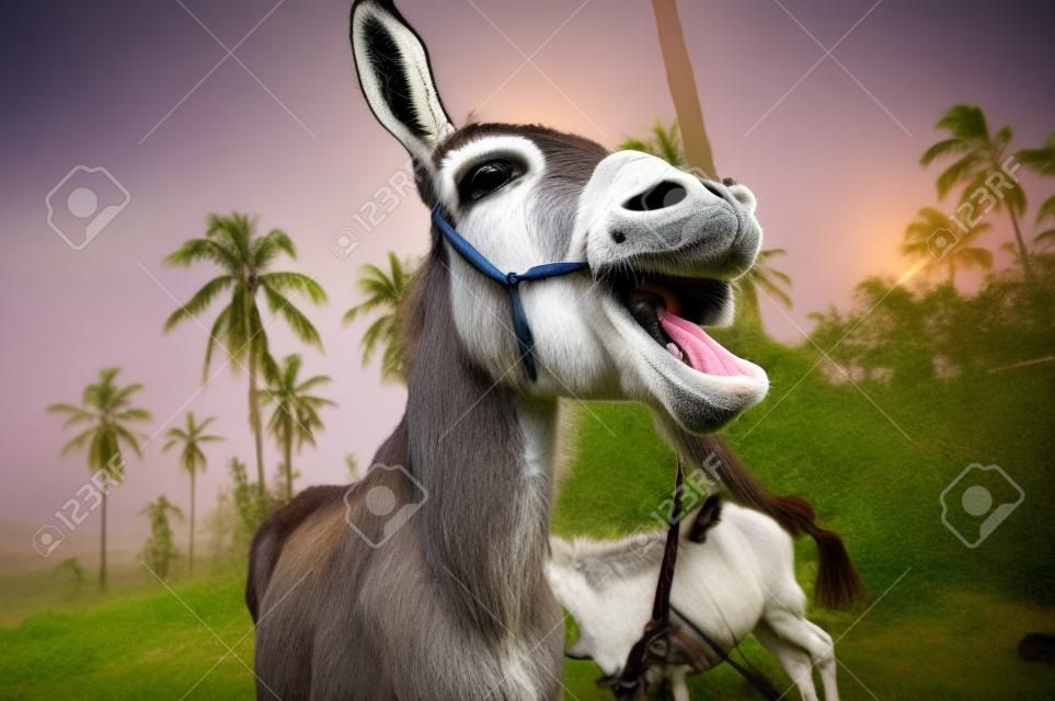 Donkey funny animals is a happy  humorous donkey laughing at something very very funny.