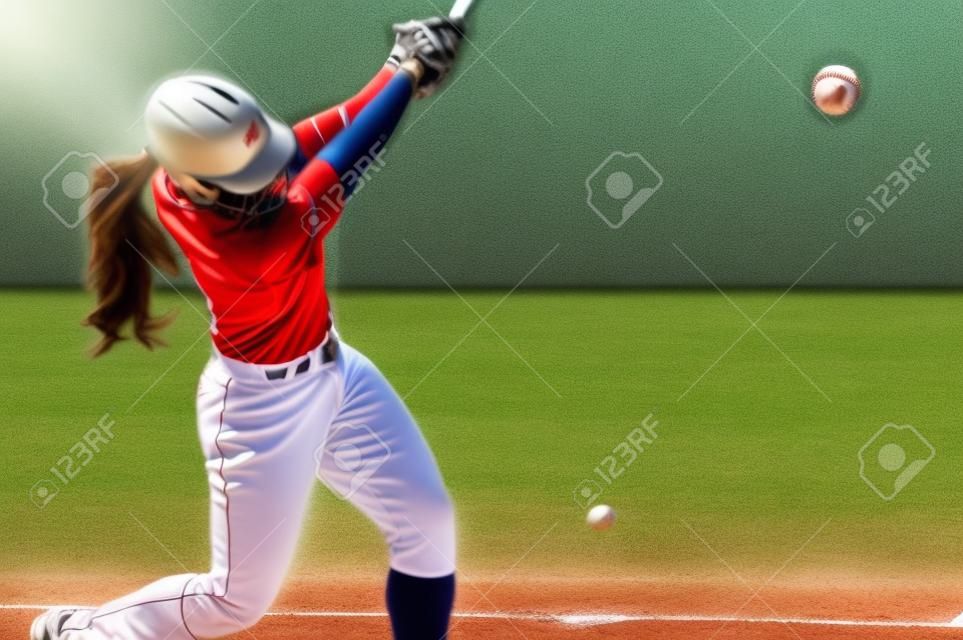 Una giocatrice di baseball sta battendo oscillando al campo