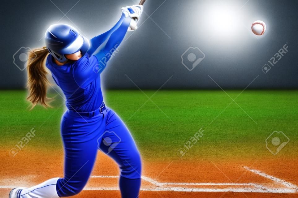 A Female Baseball Player is Batting Swinging at the Pitch