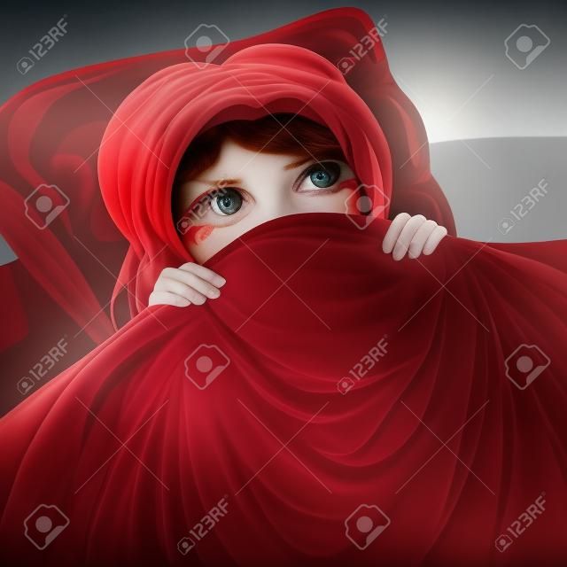 빨간 머리 소녀는 담요 아래에 얼굴을 숨깁니다.