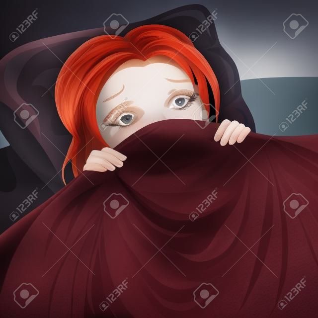The red-haired girl hides her face under a blanket.