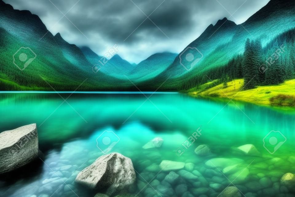 Beautiful mountain lake in the mountains. Landscape with a lake.