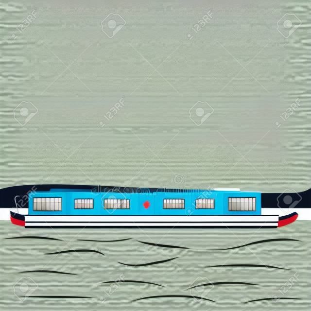 Editable Side View Narrow Boat at The Bank of The River Vector Illustration in Flat Style