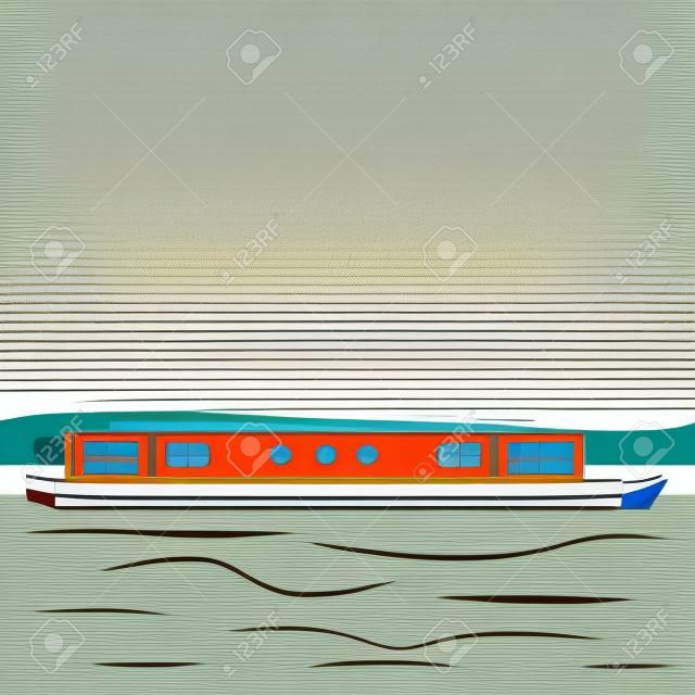 Vista laterale modificabile Barca stretta sulla riva del fiume Illustrazione vettoriale in stile piatto