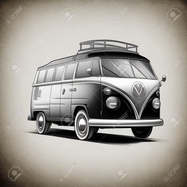 Van isolated on white background illustration transportation classic car black and white