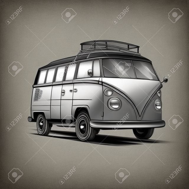 Van isolated on white background illustration transportation classic car black and white