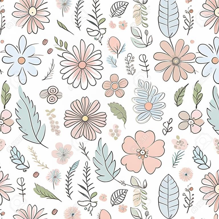 Motif floral de vecteur dans un style doodle avec des fleurs et des feuilles. Féminin, printemps fond floral sans couture dans des couleurs pastel.
